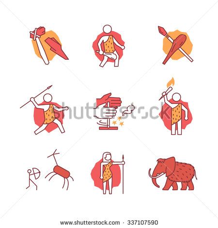 450x470 Primitive Prehistoric Caveman Of Ice Age Signs Set Thin Line Art