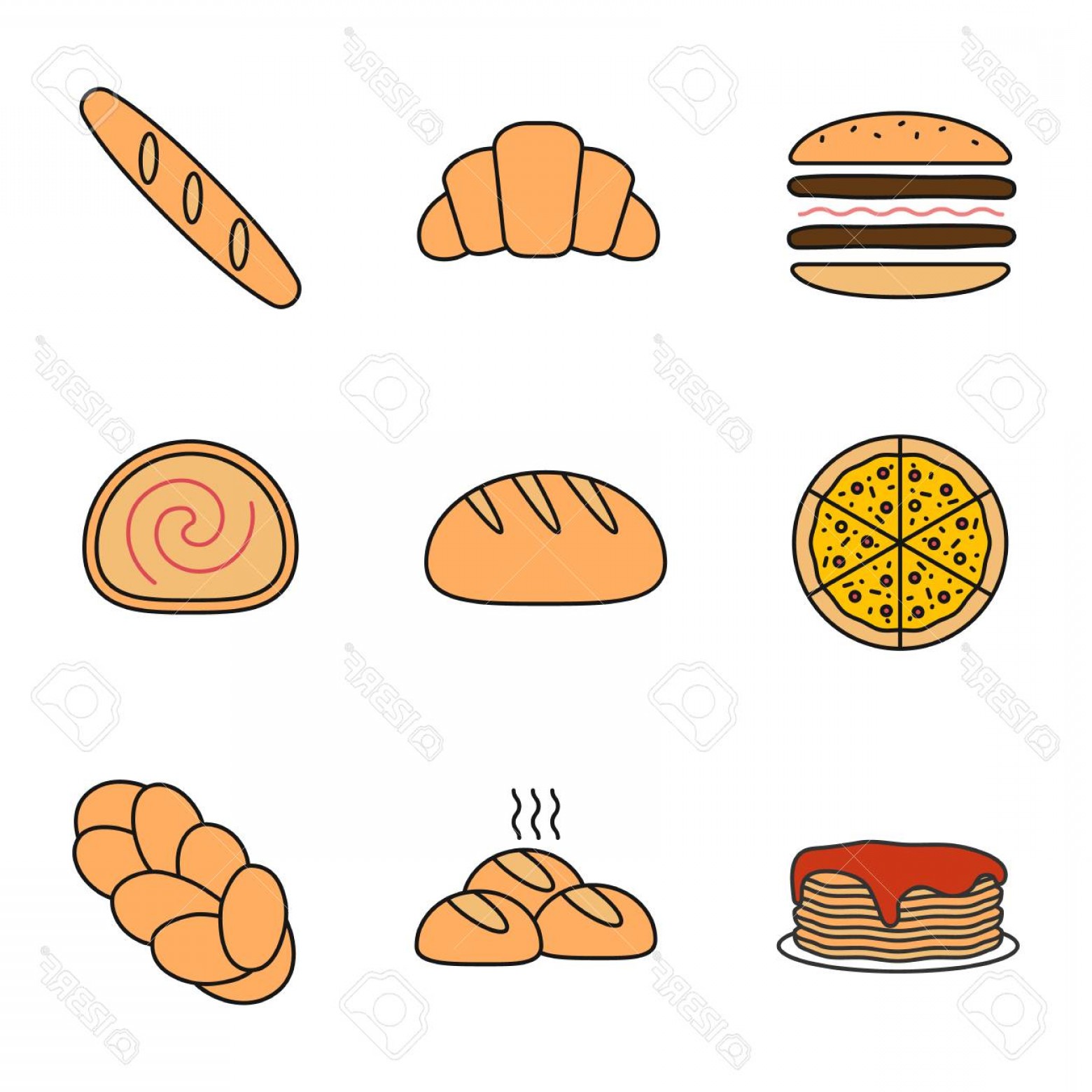 1560x1560 Photostock Vector Bakery Color Icon Burger Croissant Baguette