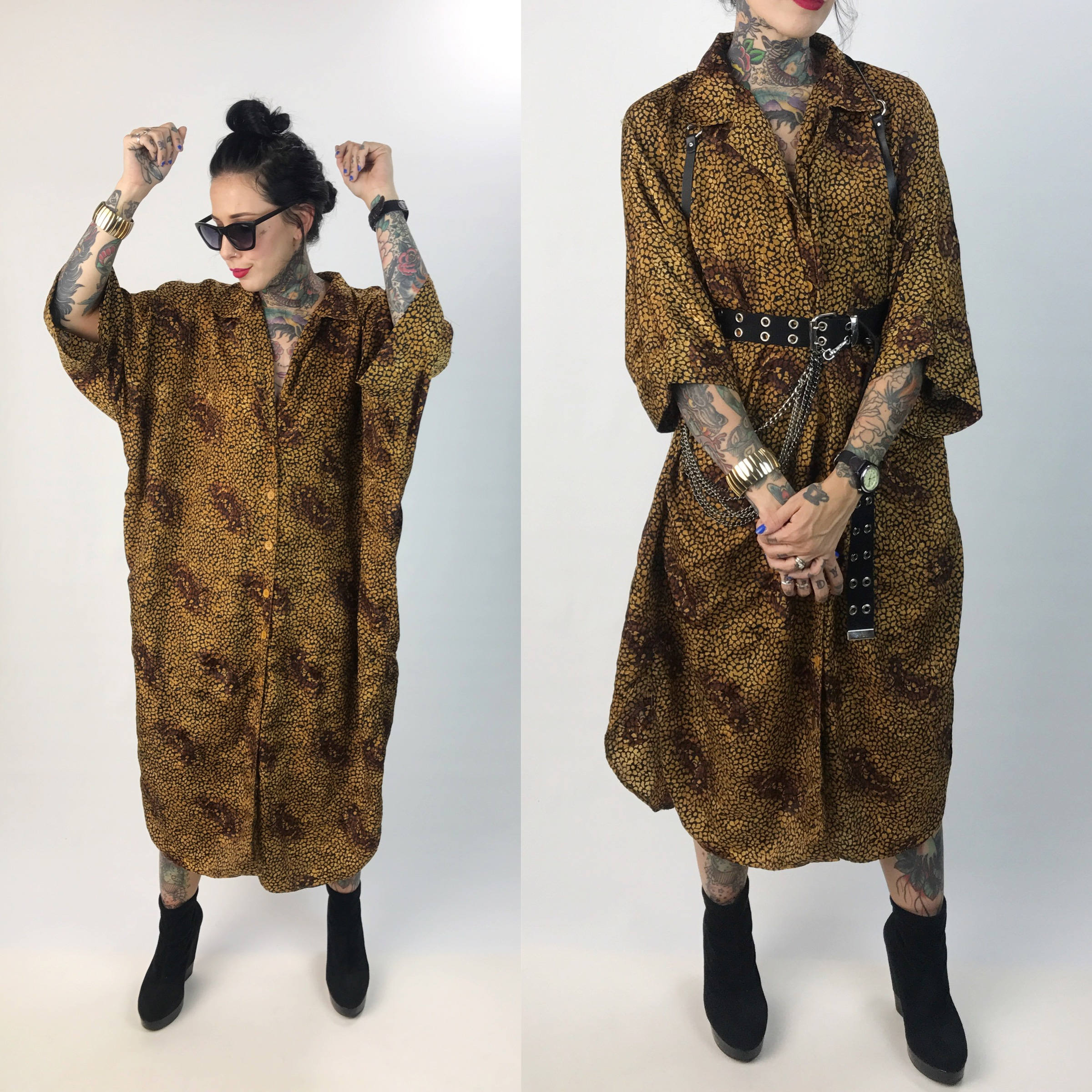 2400x2400 Long Leopard Print Button Up Shirt Dress One Size