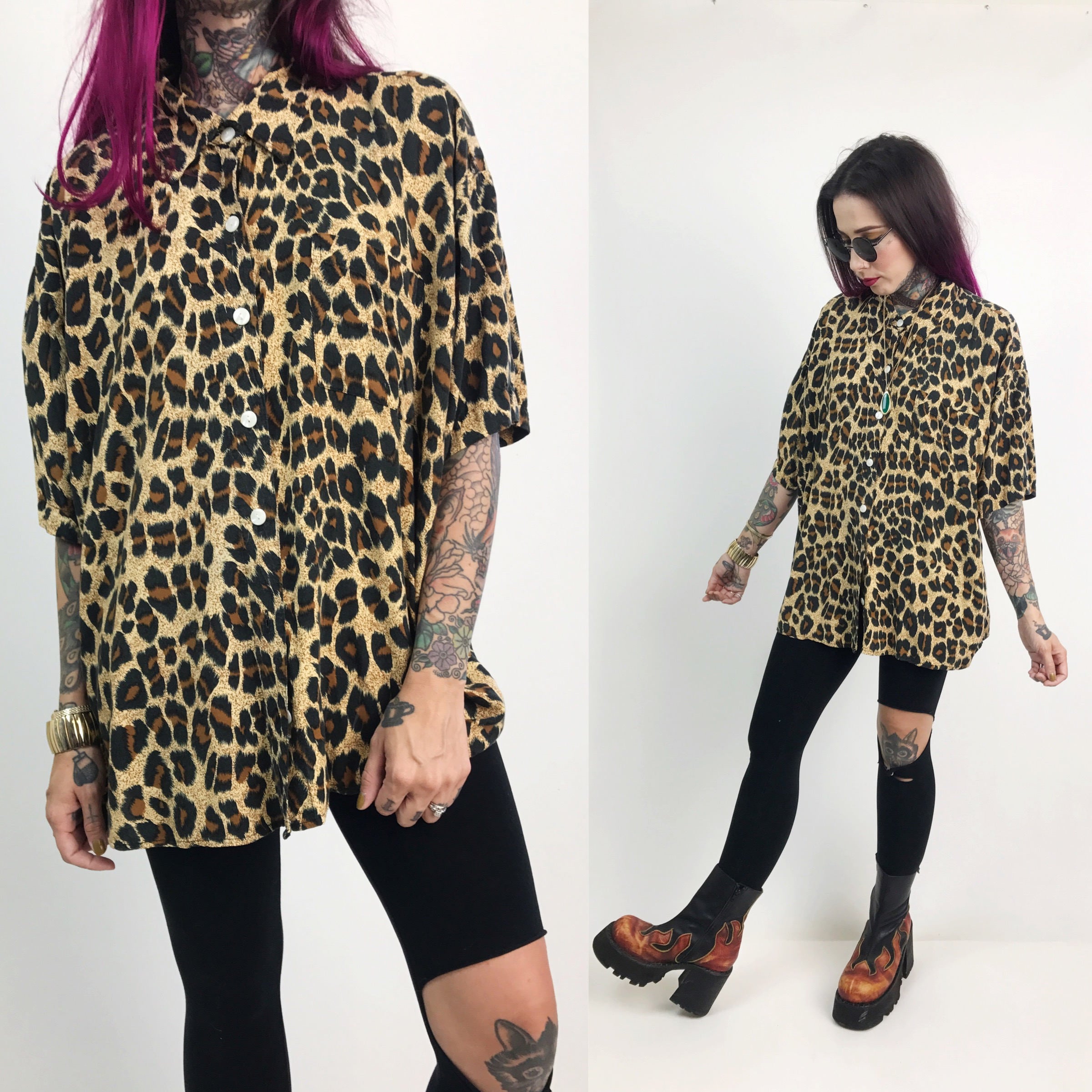 2400x2400 Short Sleeve Leopard Print Button Up Large