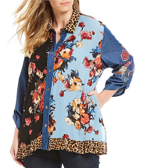 570x661 Calessa Plus Size Embroidered Floral Mixed Cheetah Print Button