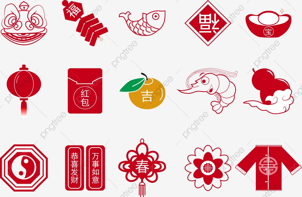 1200x783 Chinese New Year Icons Lion Dance Firecracker Ingots, Lantern