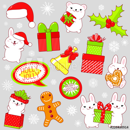 500x500 Set Of Cute Christmas Party Icons In Kawaii Style