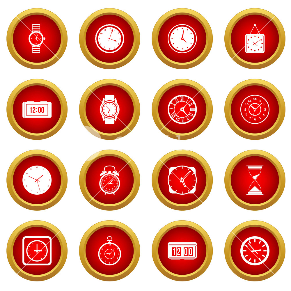 1000x1000 Time And Clock Icon Red Circle Set Isolated On White Background