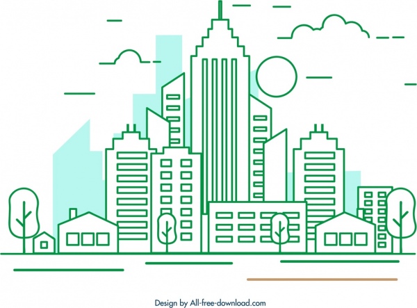 600x443 City Background Buildings Icon Colored Flat Outline Free Vector