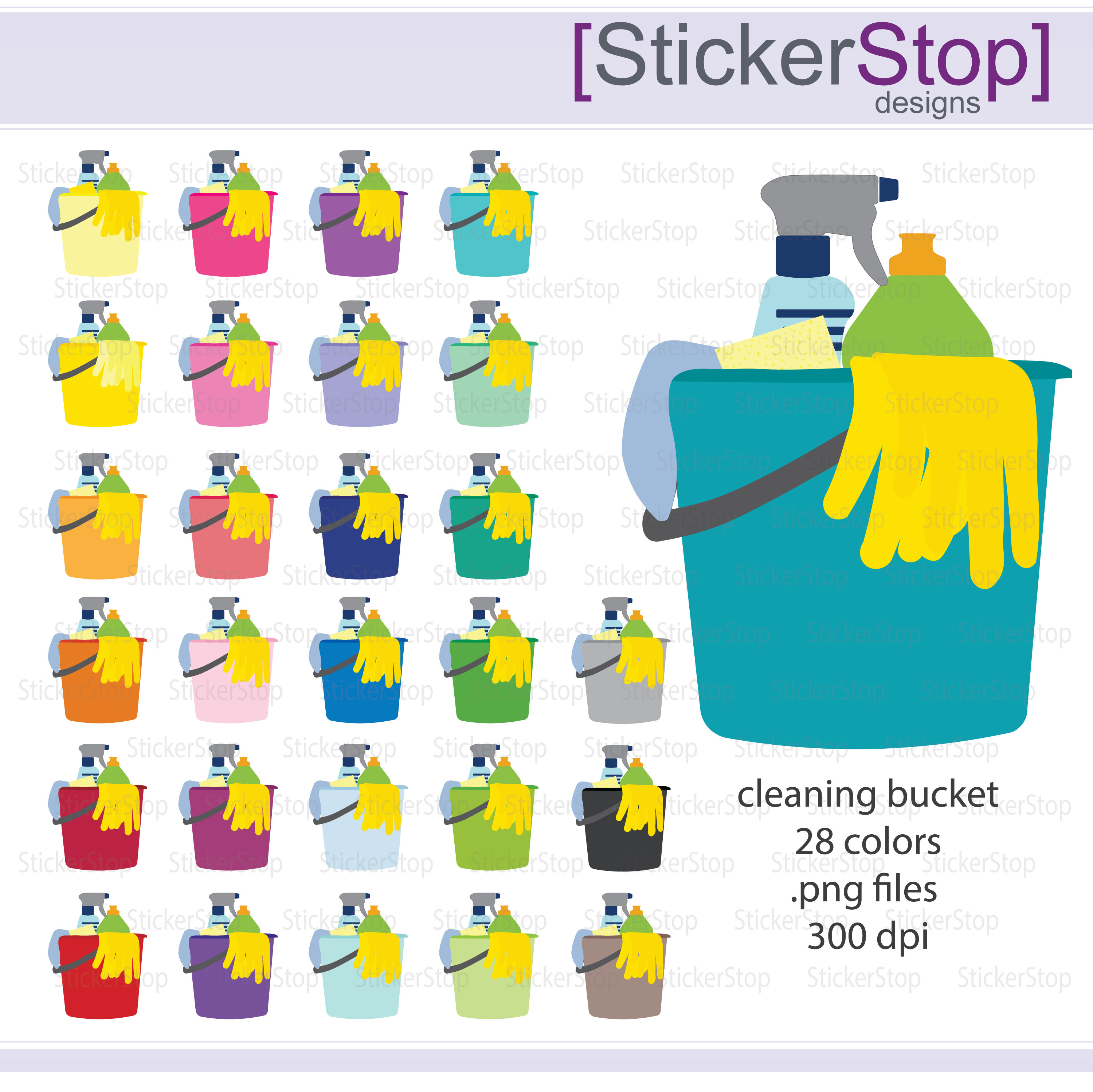 3000x2996 Bucket Of Cleaning Supplies Icon Digital Clipart In Rainbow Etsy