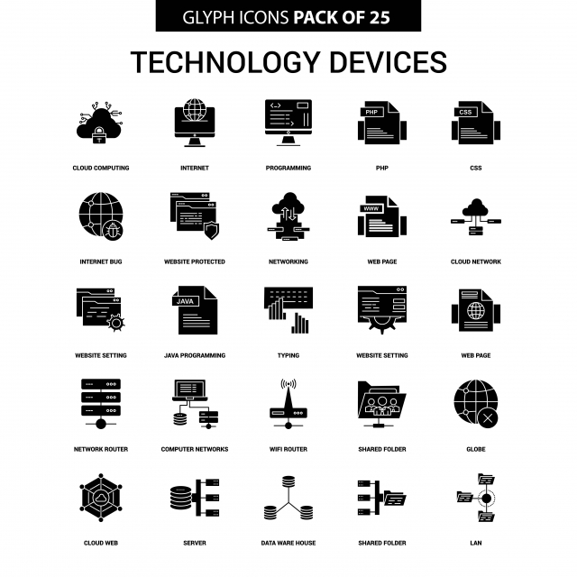 640x640 Technology Device Glyph Vector Icon Set, Business, Cloud Network