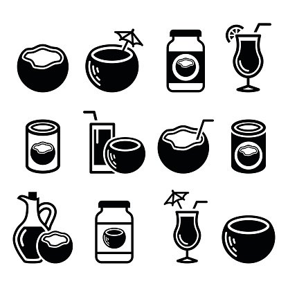 416x416 Coconut Milk, Oil, Cocktail Vector Icons Set Premium Clipart
