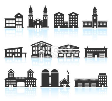 380x344 Commercial Real Estate Buildings Black White Vector Icon Set