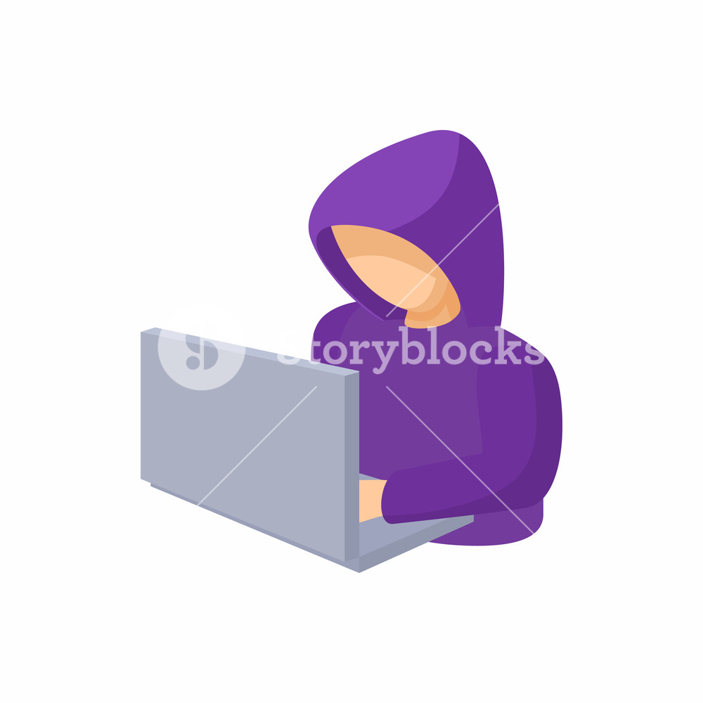 1000x1000 Hooded Computer Hacker With Laptop Icon In Cartoon Style