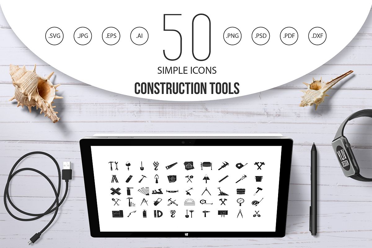 1200x800 Construction Tools Icon Set, Simple Style