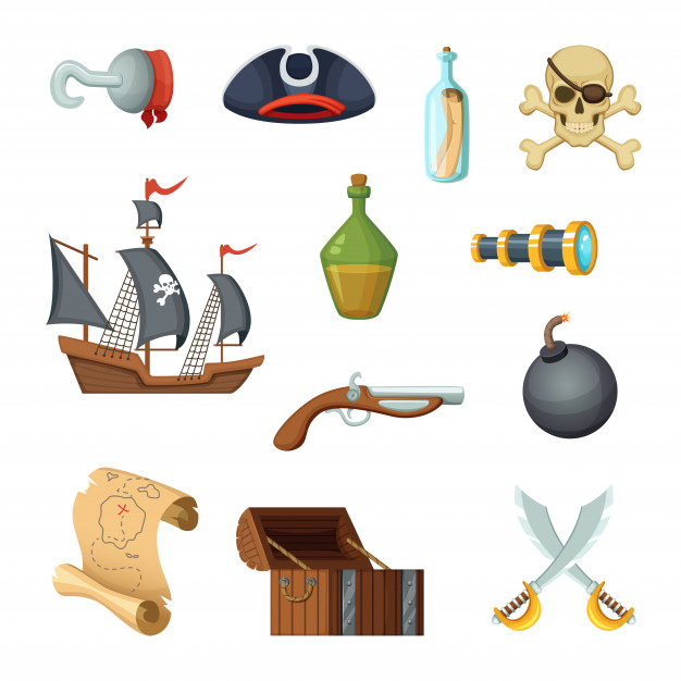 626x626 Different Icon Set Of Pirate Theme Skull, Treasure Map, Battle