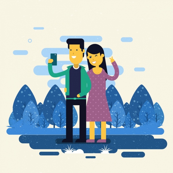 600x600 Selfie Drawing Happy Couple Icon Colored Cartoon Free Vector