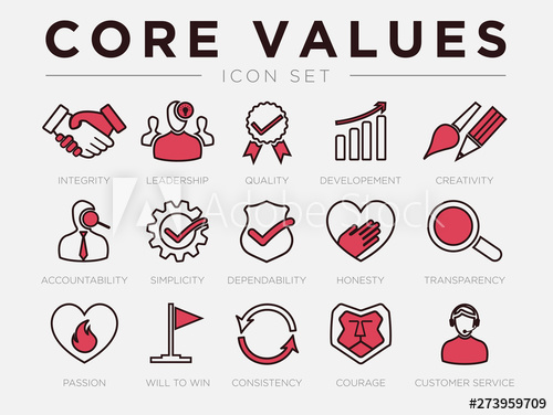 500x376 Core Values Retro Icon Set Integrity, Leadership, Quality