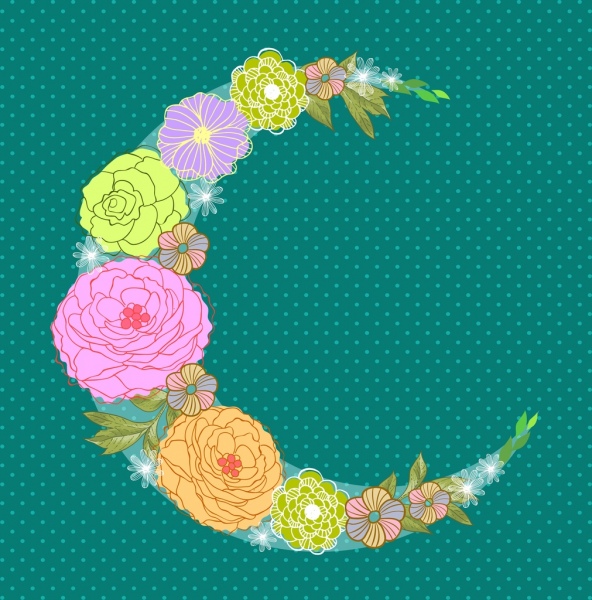 592x600 Crescent Moon Icon Colorful Flowers Decoration Free Vector