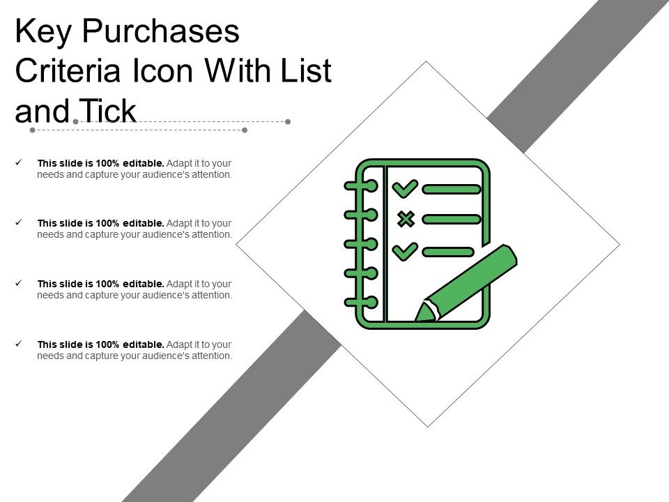 960x720 Key Purchases Criteria Icon With List And Tick Powerpoint Slide