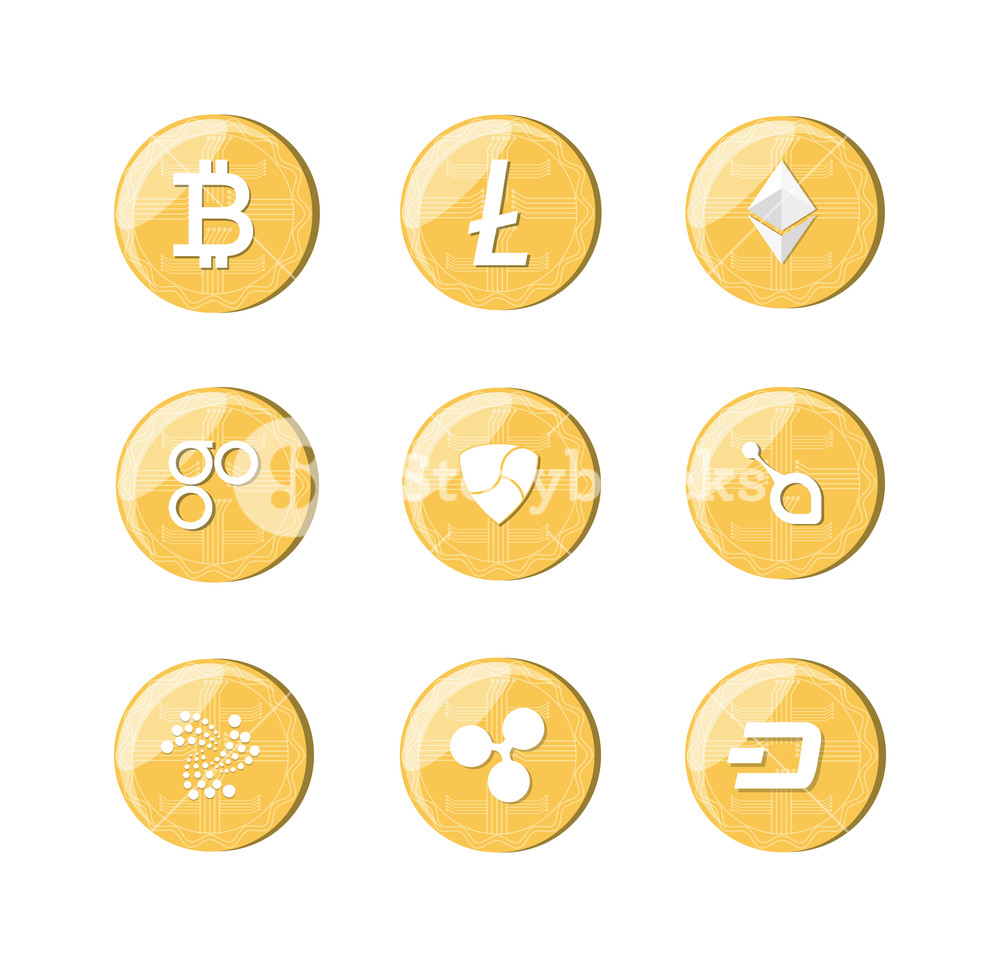 1000x967 Icon Set Of Different Types Of Cryptocurrency Over Yellow Circles