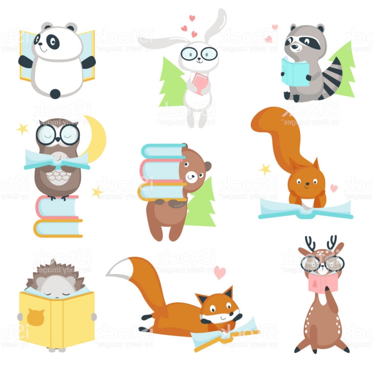 1228x1228 Cute Wild Animals Reading Books Vector Icon Set Gm Soidergi