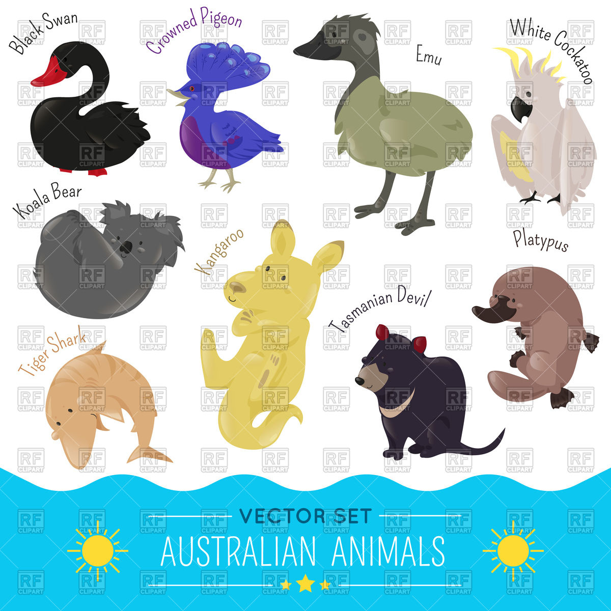 1200x1200 Set Of Cute Cartoon Australian Animal Icon Vector Image Of Plants