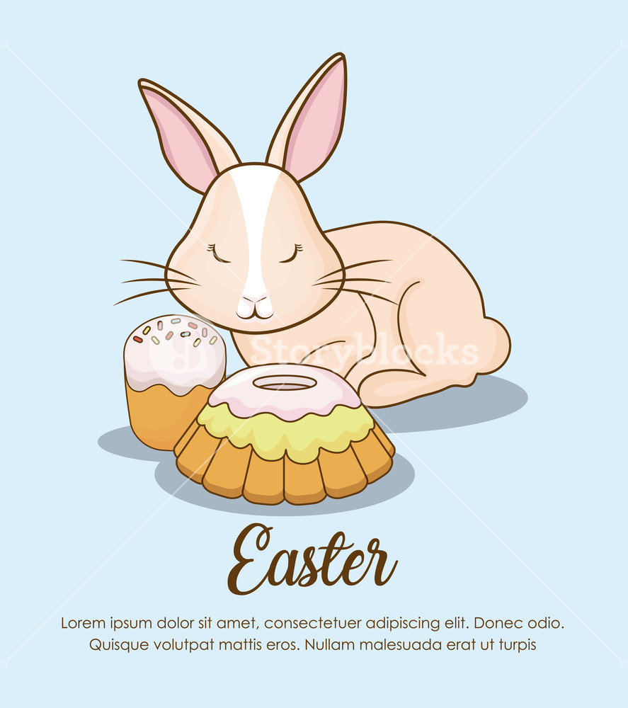 887x1000 Happy Easter Design With Cakes And Cute Bunny Icon Over Blue