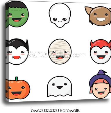 382x390 Cute Kawaii Halloween Icons Set Funny Monster Faces, Canvas Print