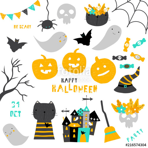 500x500 Set Of Cute Halloween Icons Vector Hand Drawn Illustration