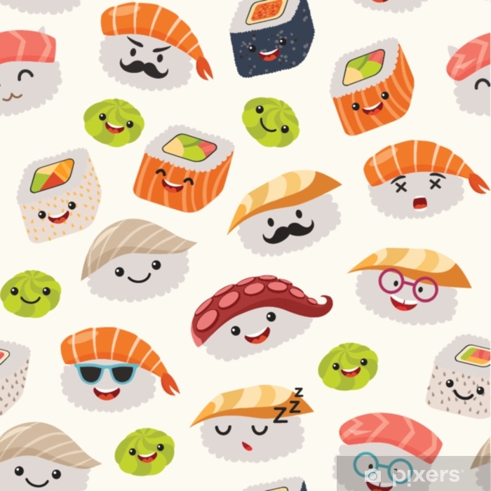700x700 Sushi Emoji Seamless Pattern, Cartoon Style Emoticon Kawaii