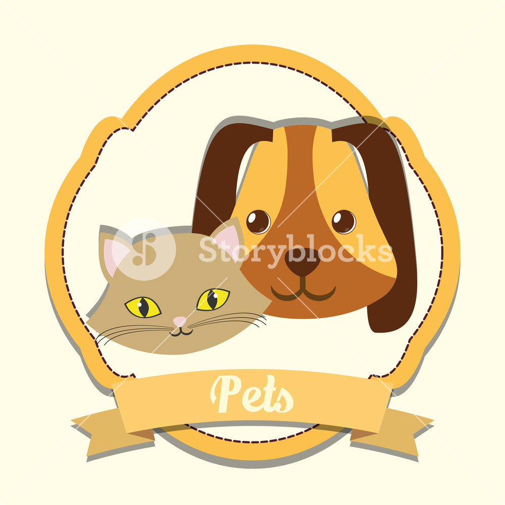 1000x1000 Emblem With Decorative Ribbon And Cute Puppy And Cat Icon Over