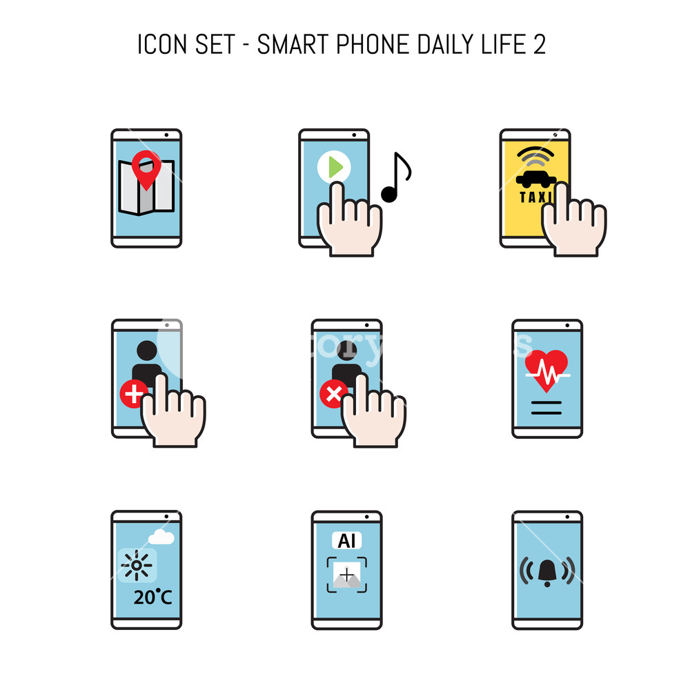 1000x1000 Daily Life Icon Collection Set With Smartphone, Mobile Concepts