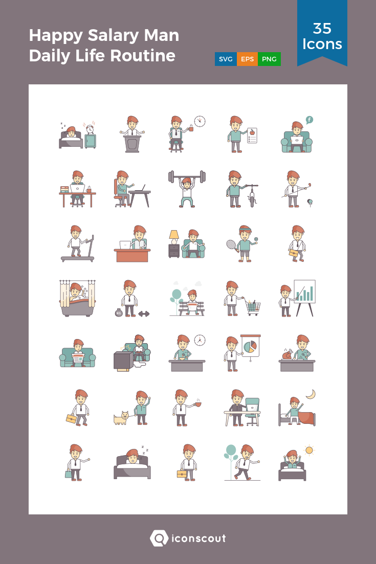 735x1103 Happy Salary Man Daily Life Routine Icon Pack