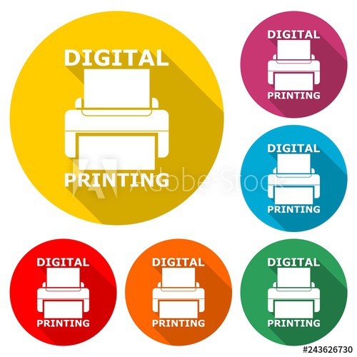 500x500 Digital Printing Icon Or Logo, Color Set With Long Shadow