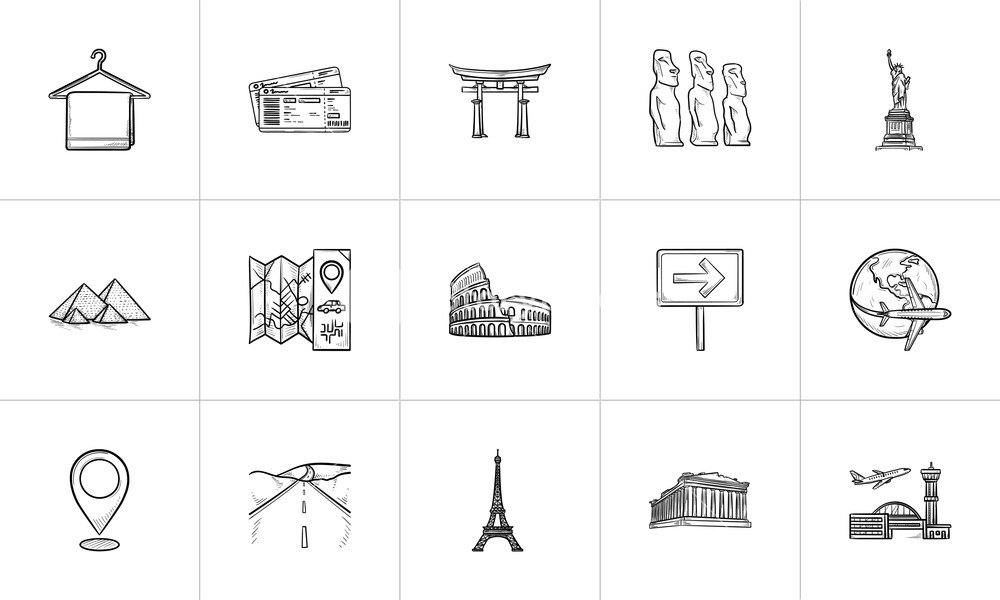 1000x600 Travel Landmarks Hand Drawn Outline Doodle Icon Set Royalty Free