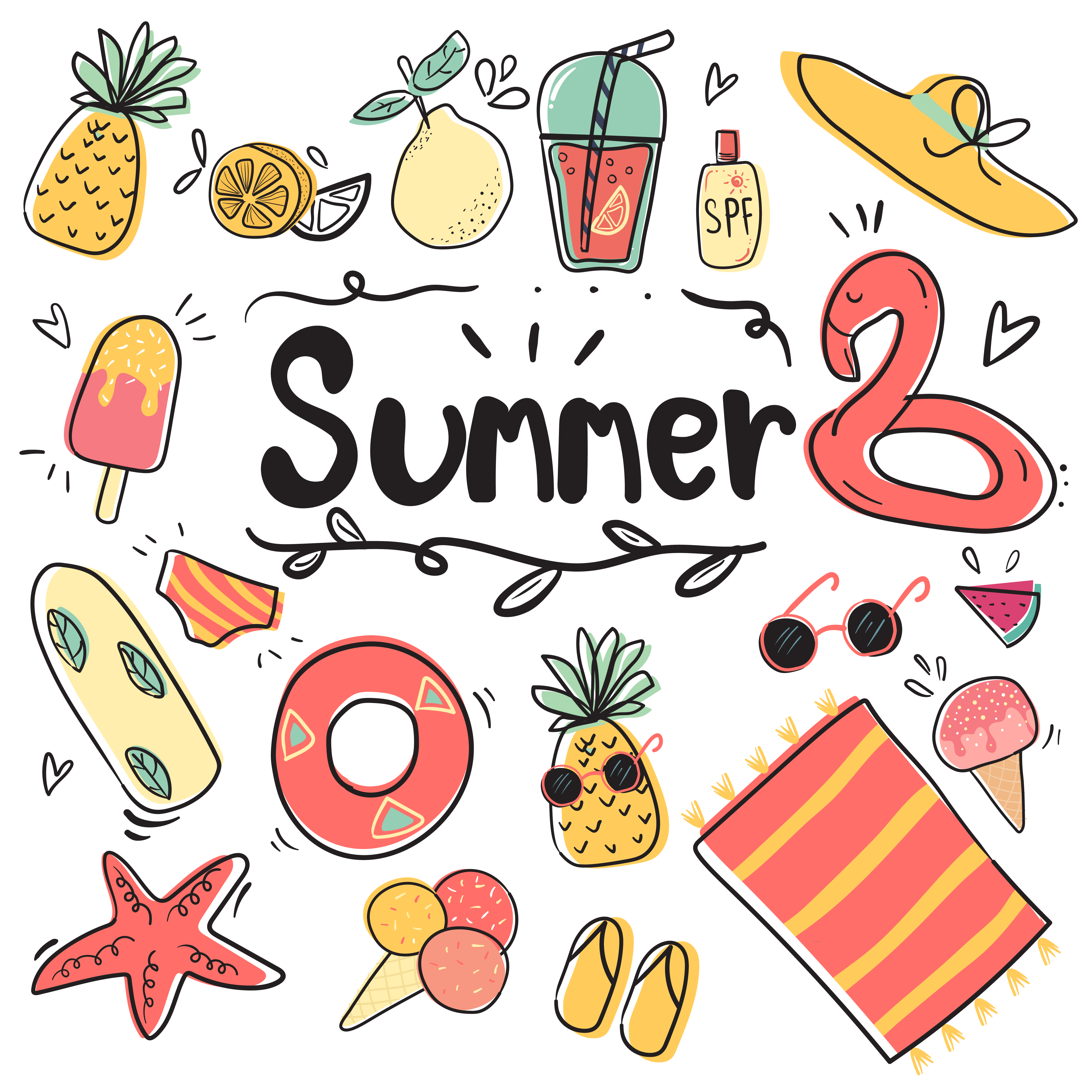 4767x4767 Hand Draw Cute Doodle Icon Summer Collection Flat Vector