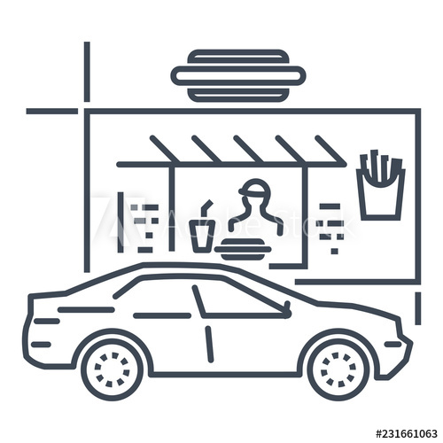 500x500 Thin Line Icon Drive Thru Restaurant, Fast Food, Car