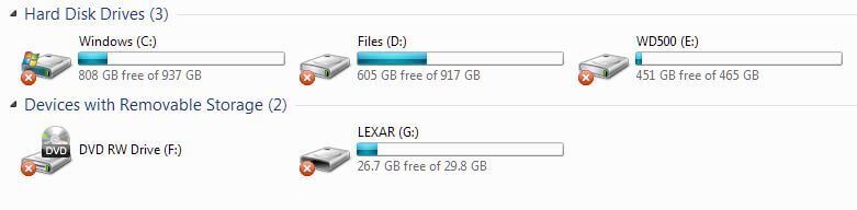 781x192 Red X Icon Overlay Appears On All Drives In Windows
