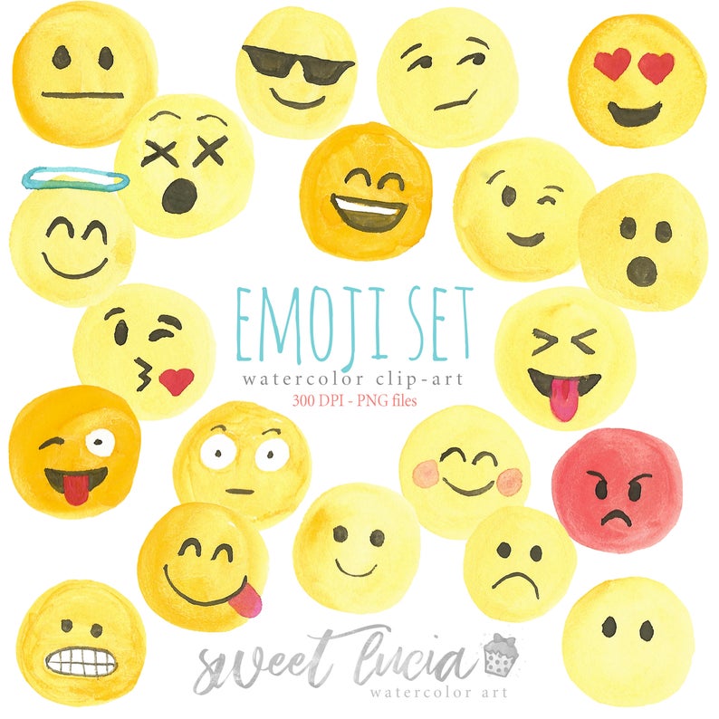 794x794 Watercolor Clip Art Emoji Set Smart Phone Emotions Smiley Etsy
