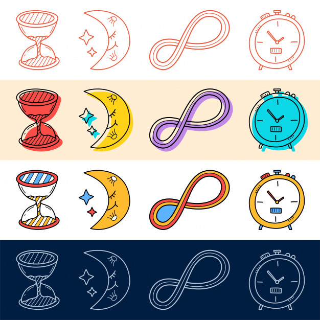 Hand Draw Sand Clock, Moon, Endless Icon Set In Doodle Style 626x626 Hand Draw Sand Clock, Moon, Endless Icon Set In Doodle Style
