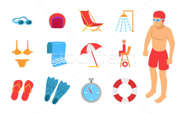 600x369 Young Man Surrounded With Swimming Equipment Icon Vector