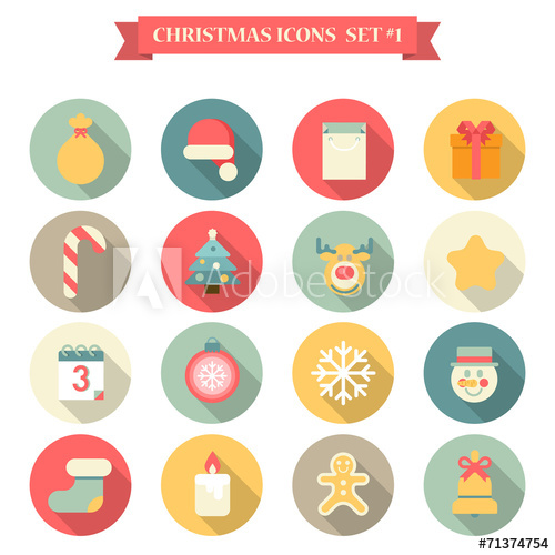 500x500 Christmas New Year Icon Set Flat Style Objects Santa Hat Elk Etc