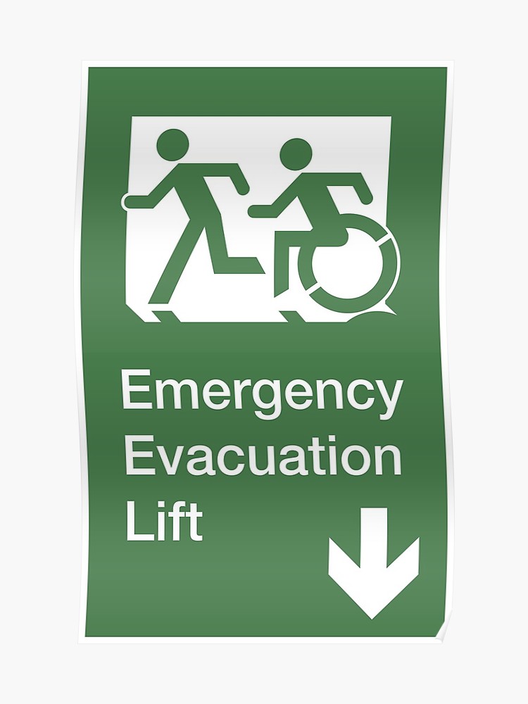 750x1000 Emergency Evacuation Lift Sign, Left Hand Down Arrow