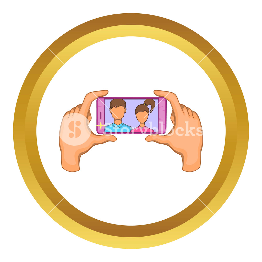 1000x1000 Hands Photographed On A Cell Phone Icon In Golden Circle, Cartoon