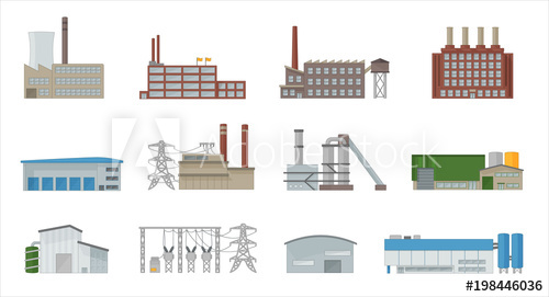 500x271 Factory Building Icon Vector Set In Flat Style Power Plant