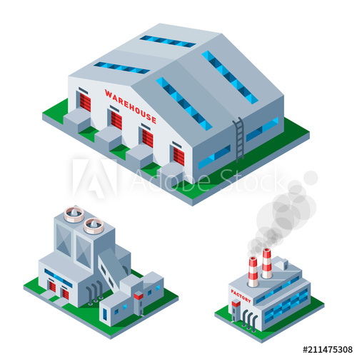 500x500 Isometric Factory Building Icon Industrial Element Warehouse