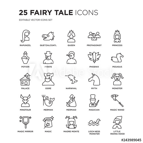 500x500 Set Of Fairy Tale Linear Icons Such As Rapunzel, Quetzalcoatl