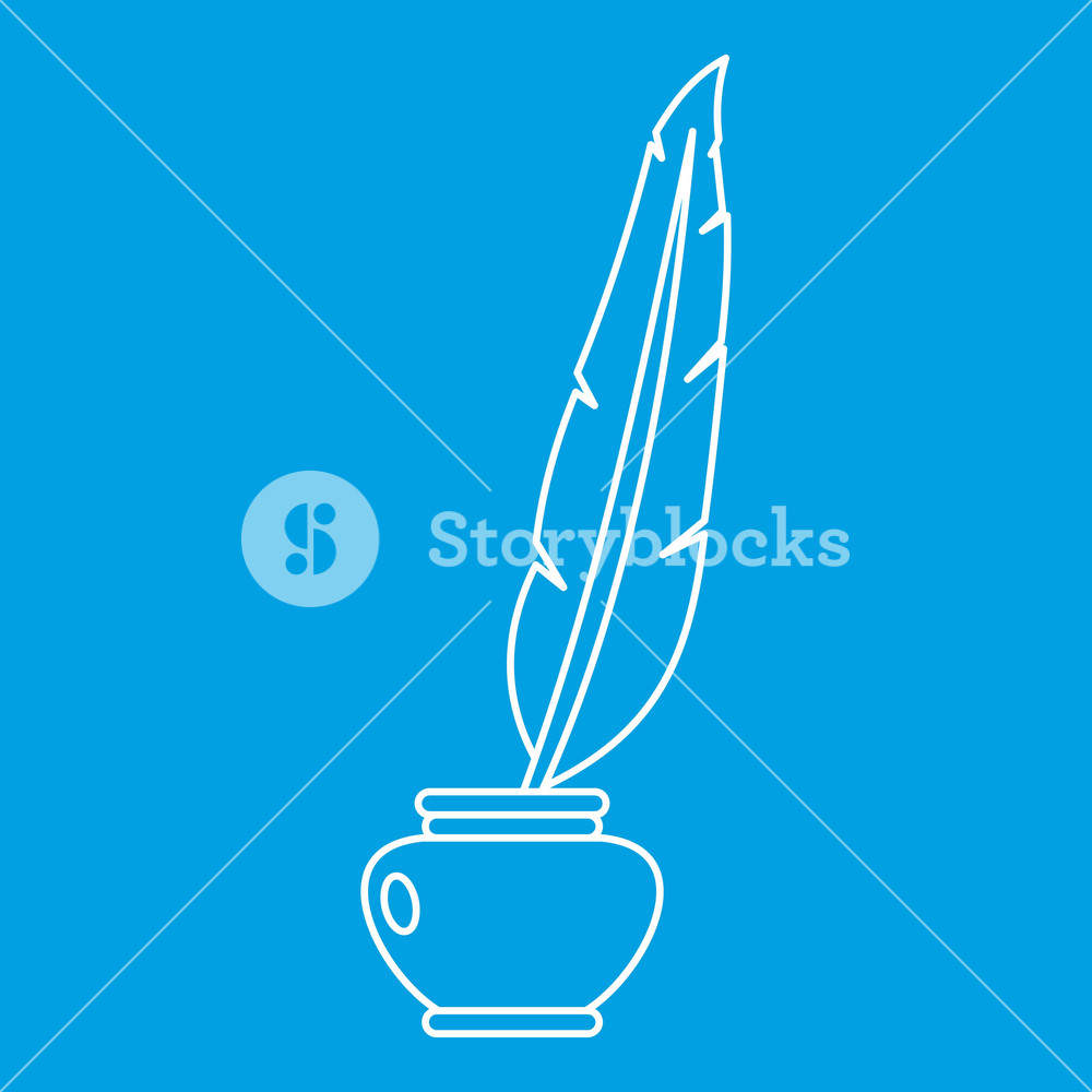 1000x1000 Feather Quill Pen Standing In The Bottle Of Ink Icon Blue Outline