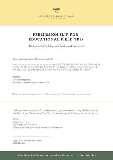 389x550 Yellow And Green Icon Field Trip Permission Slip