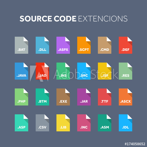 500x500 Flat Style Icon Set Source Code, Programming Type, Extension