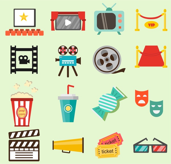 600x577 Movie Film Icons Illustration With Colored Flat Style Free Vector