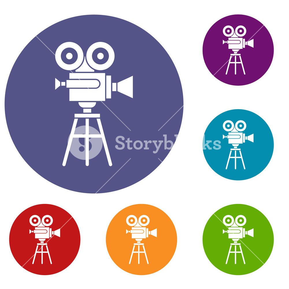 1000x1000 Retro Film Projector Icons Set In Flat Circle Reb, Blue And Green