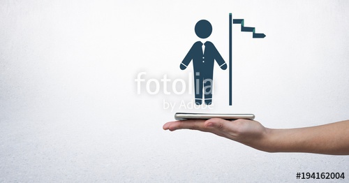 500x262 Hand Holding Tablet With Businessman Icon And Flag Pole Stock